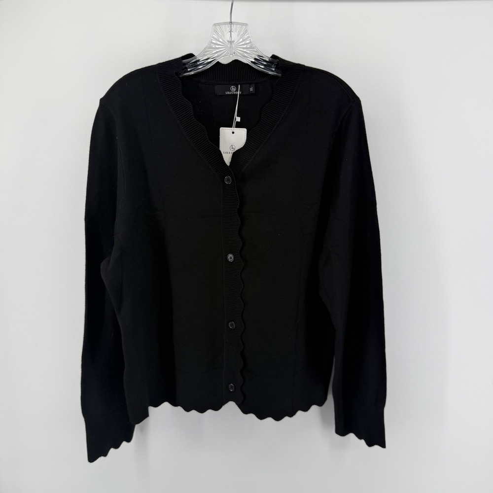 Womens NEW Scalloped Cardigan Sweater Black Long Sleeve XL Fall Transition